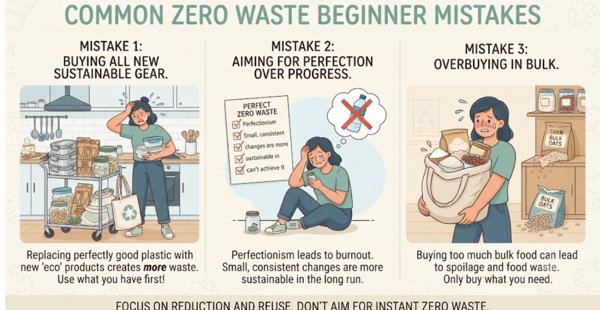 An illustration highlighting common mistakes people make when starting a zero waste lifestyle, like buying too many new containers