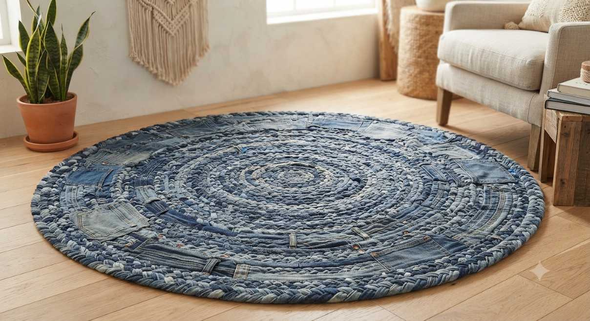 Handmade woven rug crafted from strips of old recycled denim jeans, displayed on wooden floor as a zero waste decor project