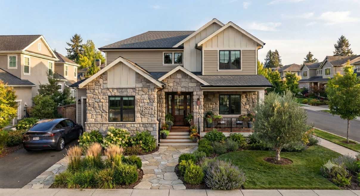 Home with durable metal roofing and sleek black-frame windows built for long-term performance"