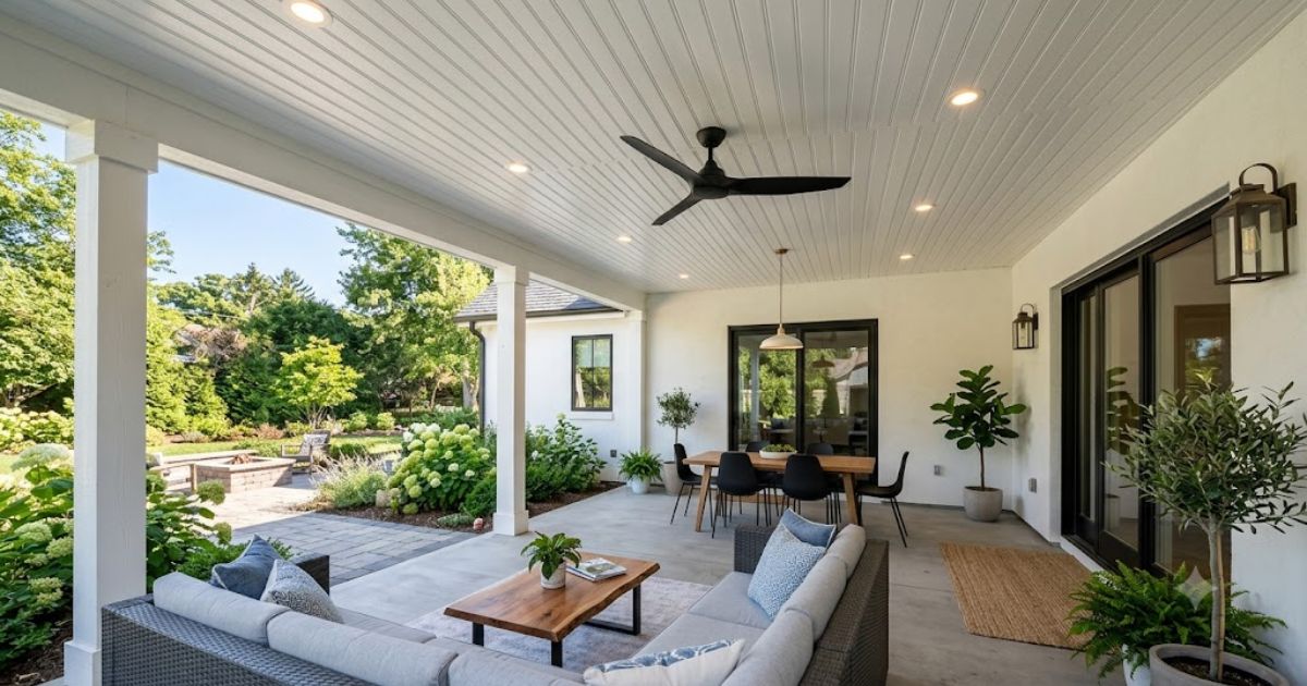 Modern exterior ceiling material installed on a covered porch with durable PVC beadboard panels