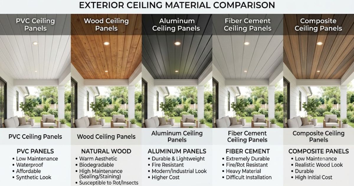 Comparison of popular exterior ceiling materials for porches, patios, and covered outdoor spaces