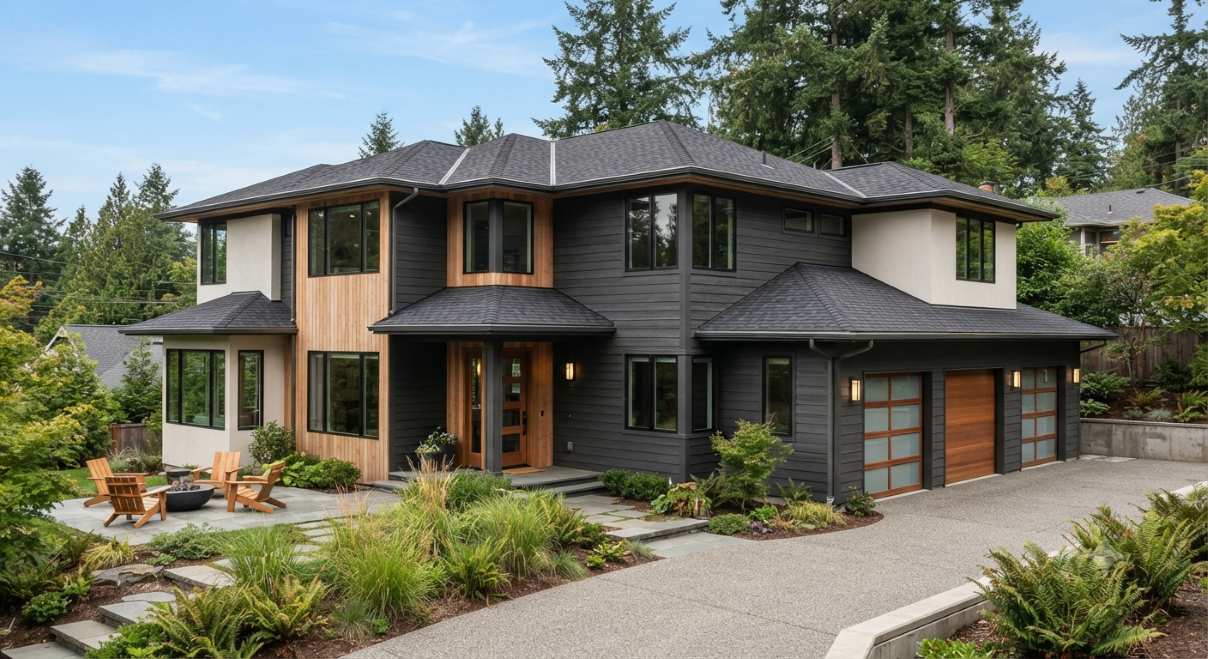 Side-by-side comparison of popular exterior siding materials including vinyl, fiber cement, stucco, and brick veneer on residential walls