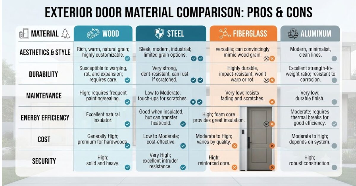 Comparison of wood, steel, and fiberglass exterior door materials for homes.