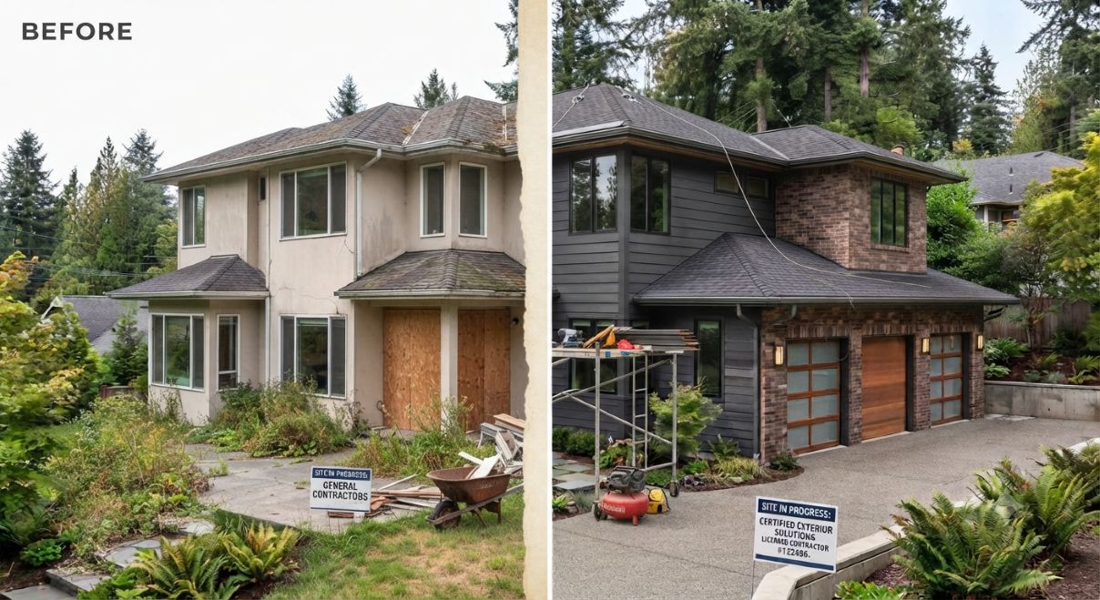 Before and after photo comparison of a home exterior remodeling project showing old worn siding replaced with new premium fiber cement siding