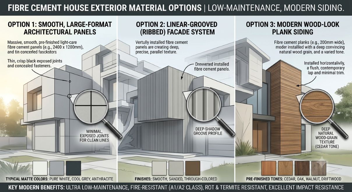 Low-maintenance fibre cement house exterior material options on a contemporary two-storey home