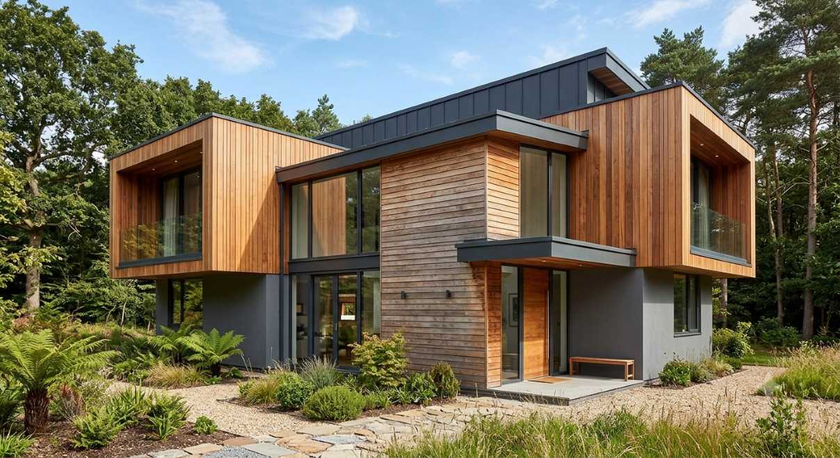 Modern house exterior material options featuring warm timber cladding on a two-storey home