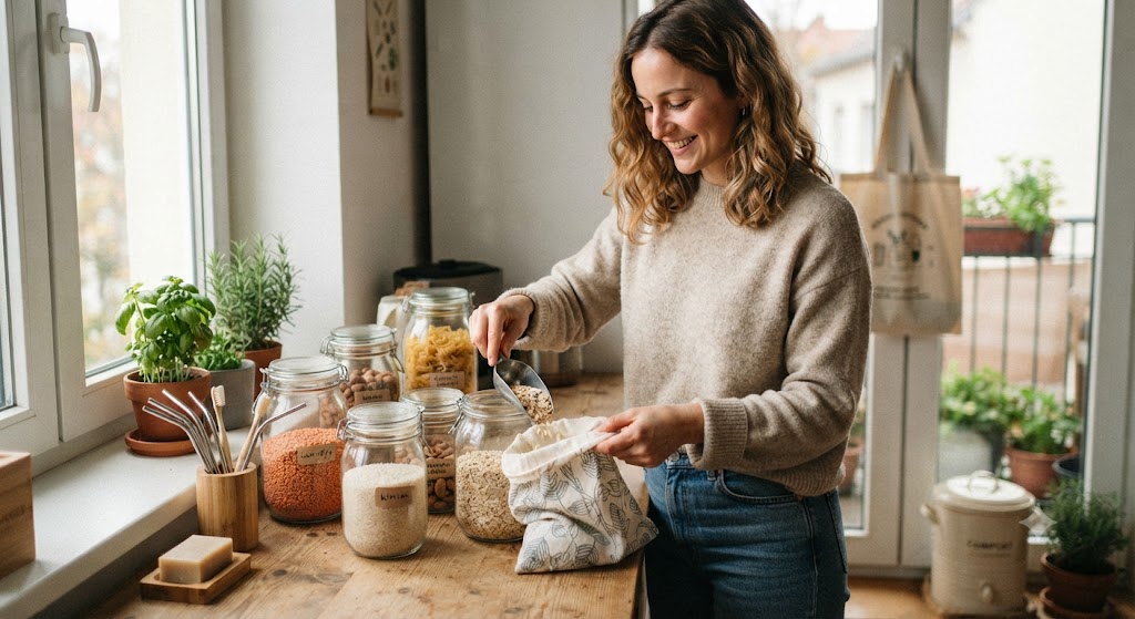 A beginner starting a zero waste lifestyle by choosing reusable glass jars and cloth bags over plastic.