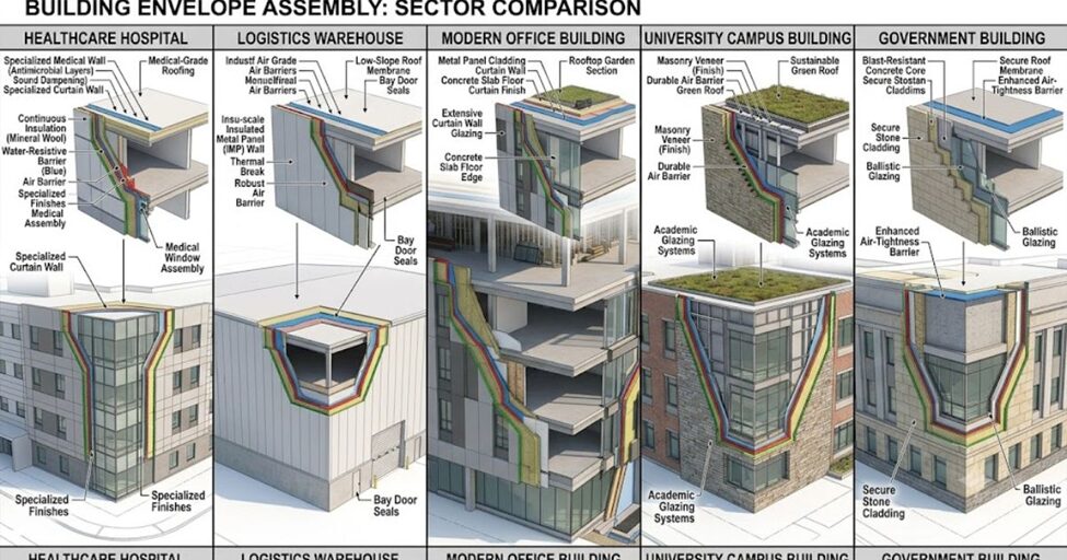 Commercial exterior featuring curtain wall glazing, insulated metal panels, and standing seam roofing