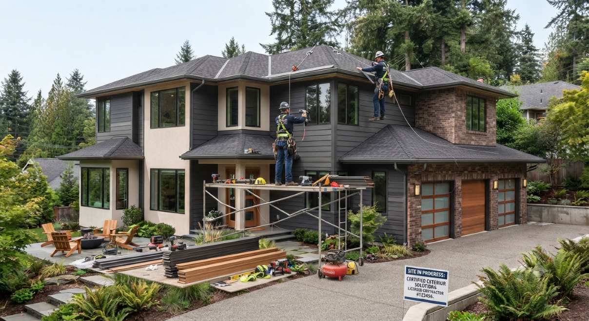 Professional exterior construction contractor installing fiber cement siding on a residential home with proper safety gear and equipment