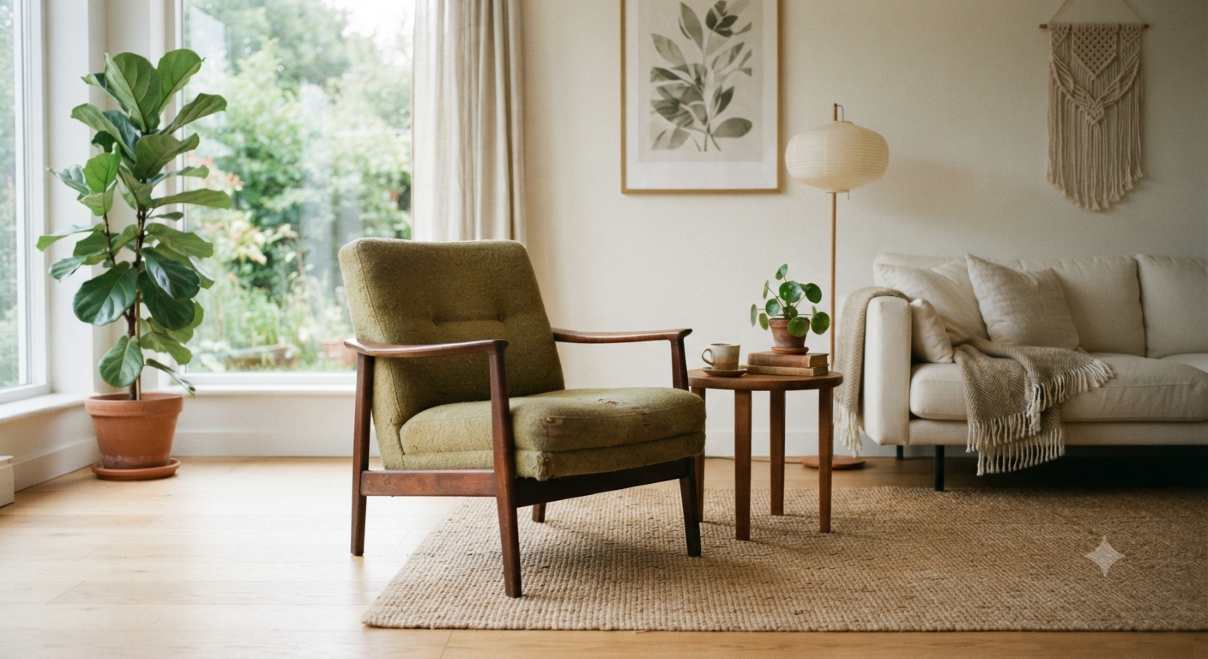 Vintage secondhand armchair with woven textured rug and repurposed decor items in a minimalist zero waste living room setting