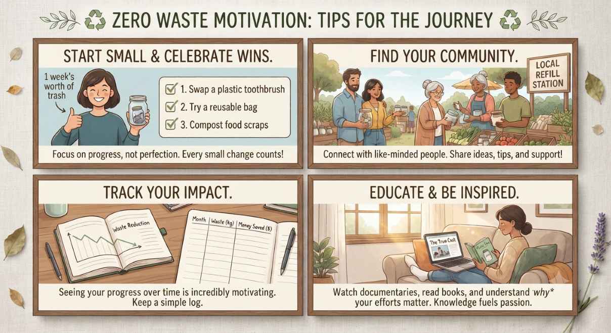 A cheerful beginner tracking their progress toward a zero waste lifestyle by placing small milestones on a visual habit tracker board.