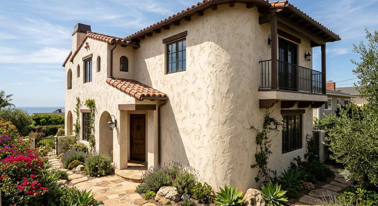 Textured stucco finish on a modern house exterior wall"