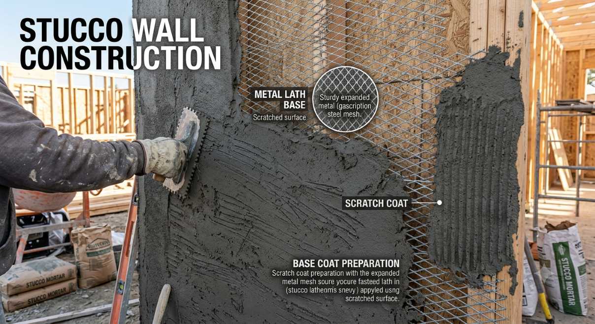 "Metal lath and scratch coat layer during exterior stucco wall construction"