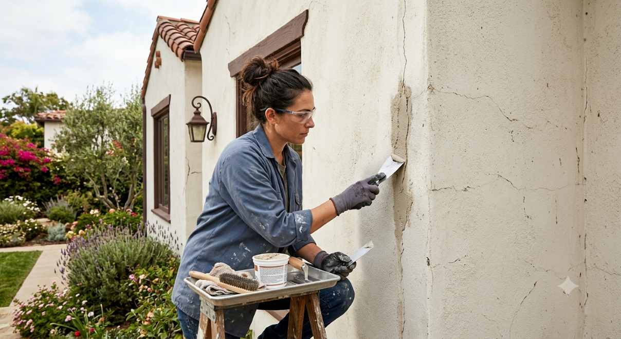 Close-up of a hairline crack being repaired on a stucco exterior wall"