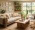 Living room with a light-colored sofa, wood furniture, houseplants, large windows, and a dog on a rug.