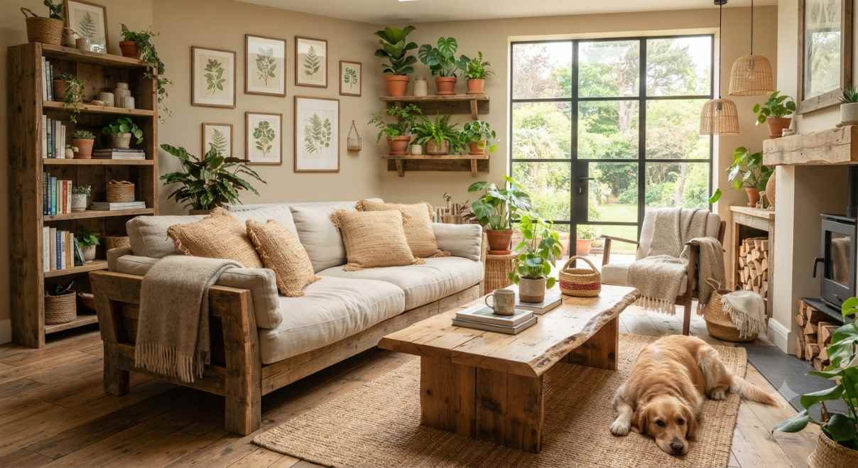 Sustainable zero waste living room with reclaimed wood coffee table, organic cotton throw pillows, and houseplants by window