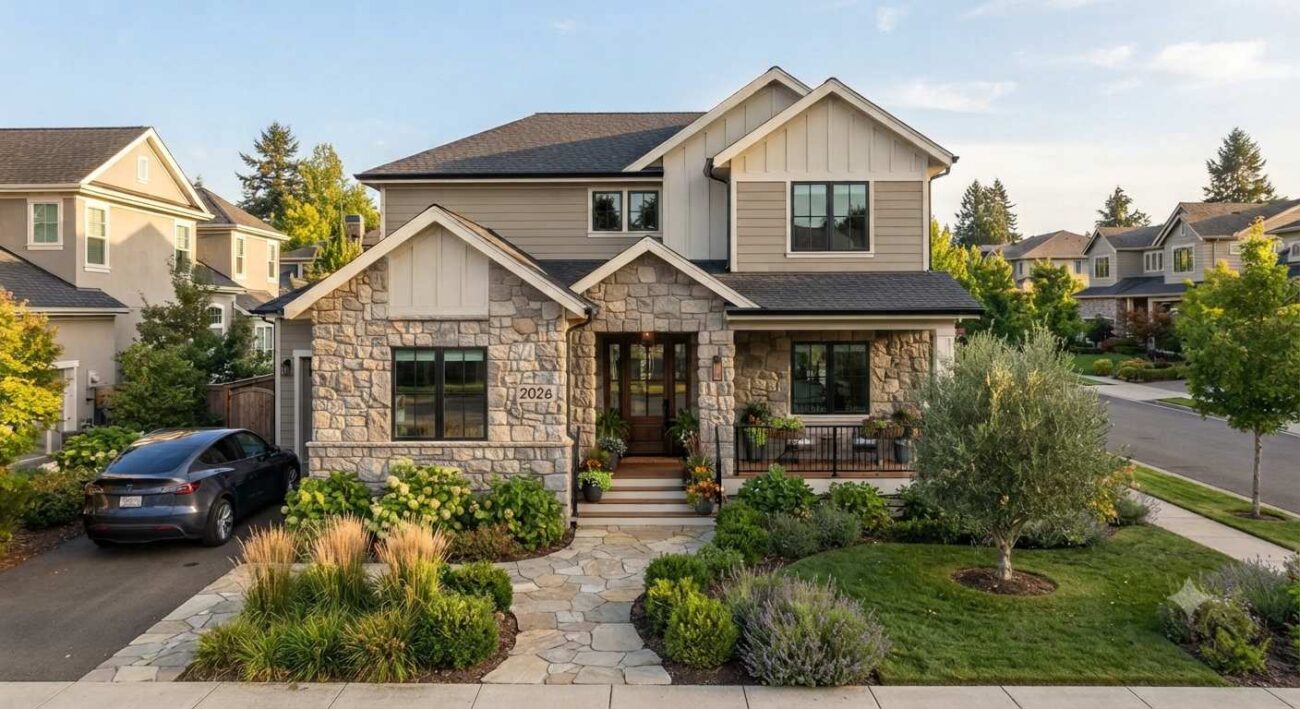 Textured stone veneer adds depth and organic character to modern home exteriors."