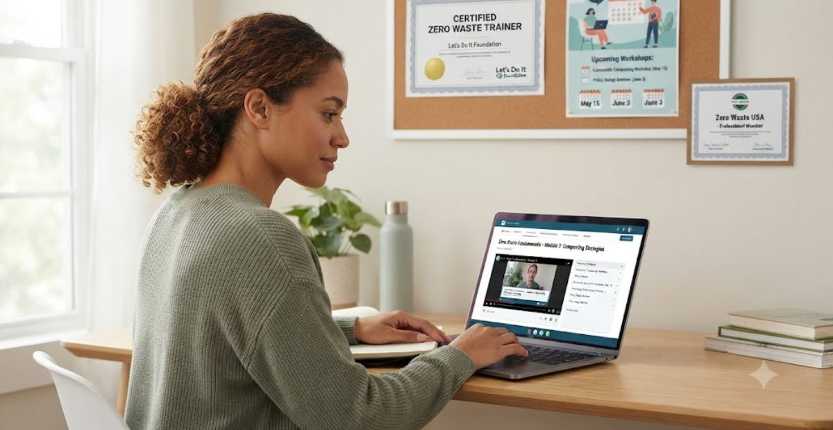 A person studying zero waste living concepts on a laptop, illustrating the accessibility of online courses and professional certification programs.