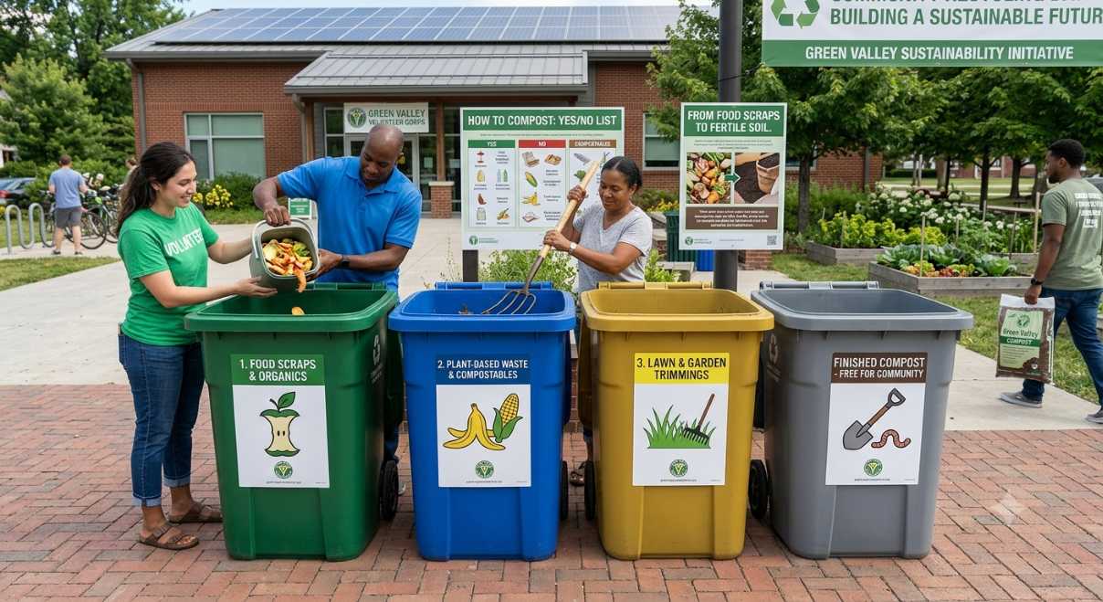 Fresh organic food scraps in a countertop compost bin for recycling.