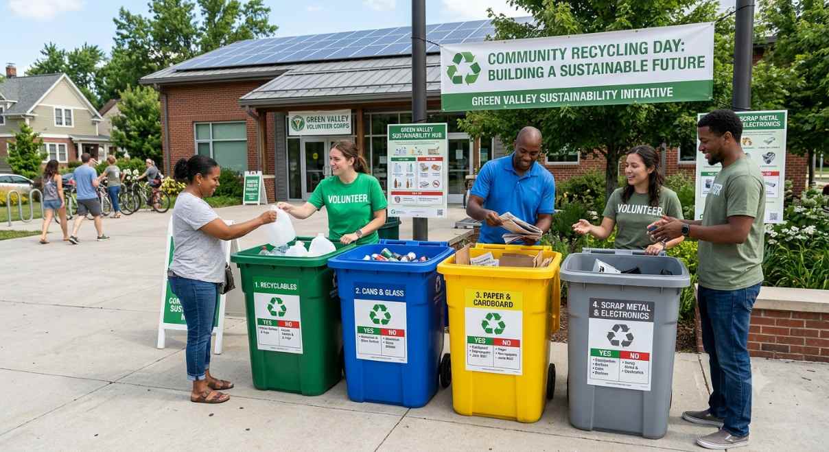Row of green and blue recycling bins representing the US national recycling goal.