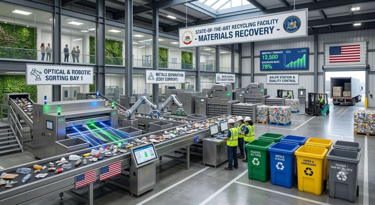 Workers sorting recyclable materials at a modern US waste processing facility.