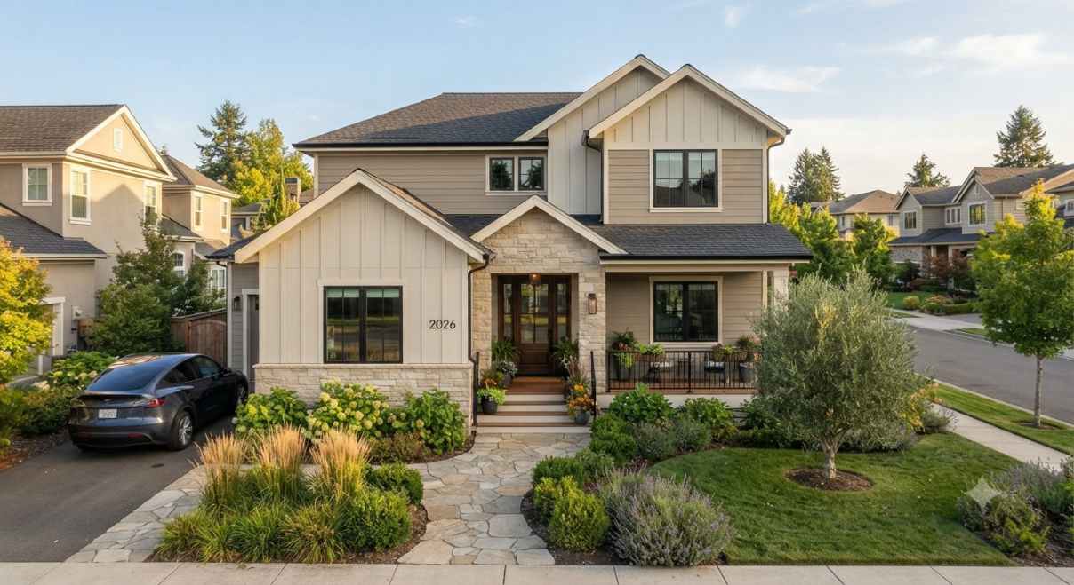 Home exterior painted in warm greige and cream tones with wood-grain siding accents