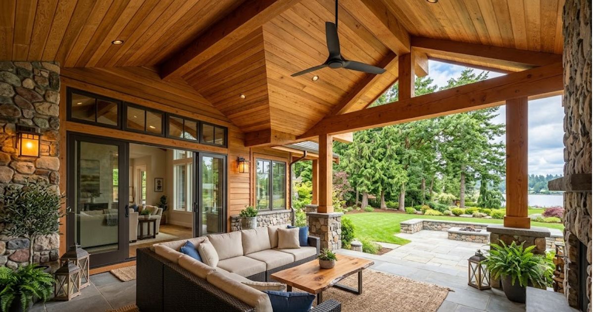 Natural wood tongue and groove exterior ceiling creating a warm and timeless porch design