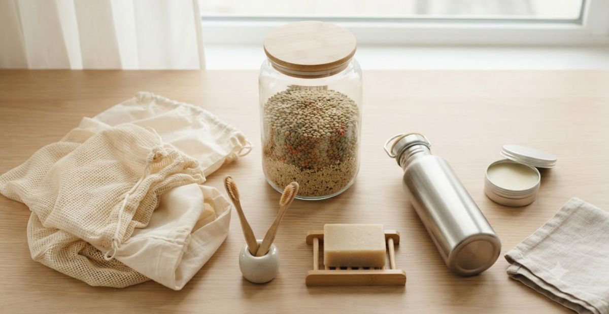 A collection of zero waste essentials including glass jars, bamboo cutlery, and cotton bags on a clean wooden surface to represent sustainable living training