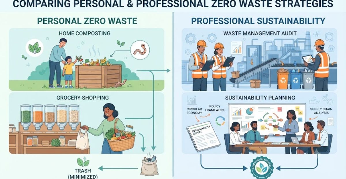 An infographic comparing personal zero waste habits like composting at home with professional waste management practices and sustainability auditing