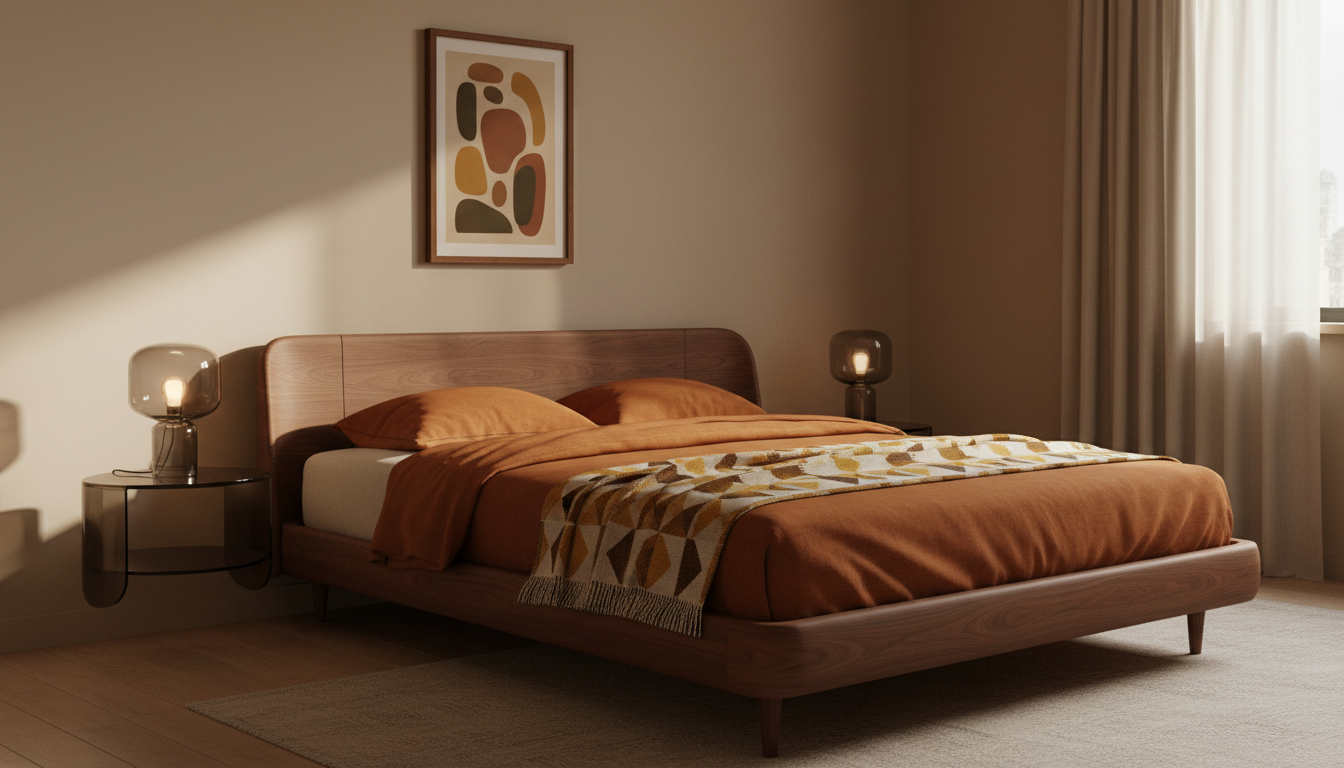 1970s inspired bedroom with walnut headboard and burnt orange textiles