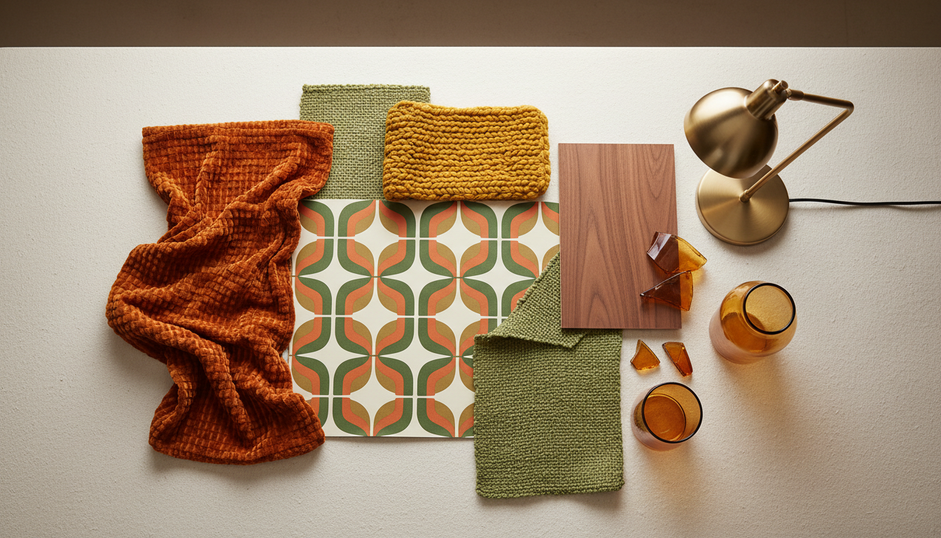 1970s revival color samples of mustard, rust, avocado green and walnut wood