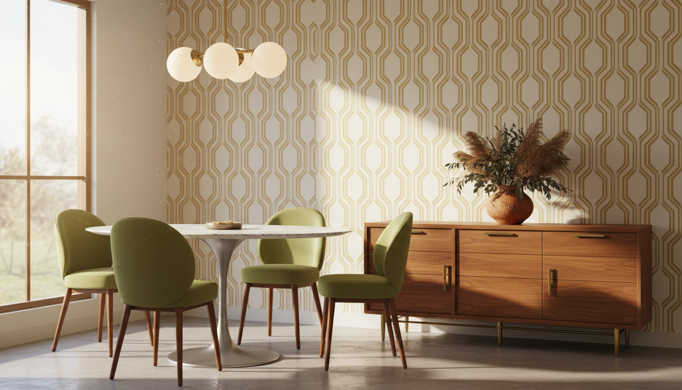1970s revival dining nook with retro chairs and warm walnut furniture
