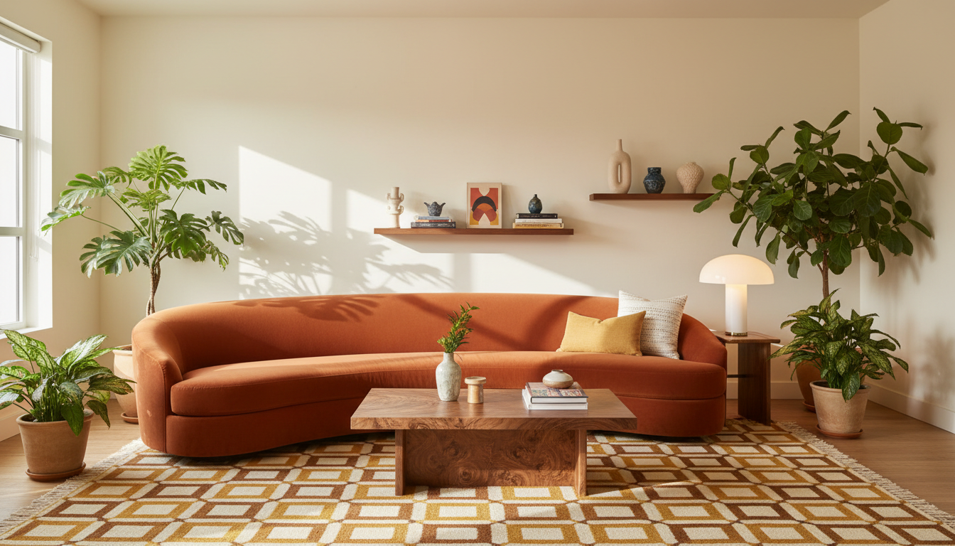 1970s revival living room with rust curved sofa, walnut coffee table and geometric rug