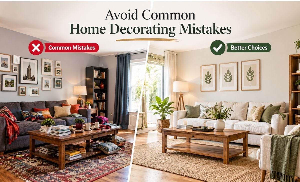 A side-by-side comparison of two living rooms, showing common home decorating mistakes such as clutter, mismatched accessories, and excessive decoration alongside a balanced interior with coordinated colors, organized furniture, natural light, and simple decorative elements.
