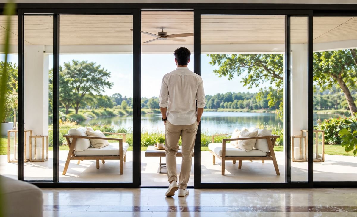 A modern home interior featuring large black-framed glass sliding doors, a man looking toward a peaceful lake, lush green trees, and a bright outdoor seating area.