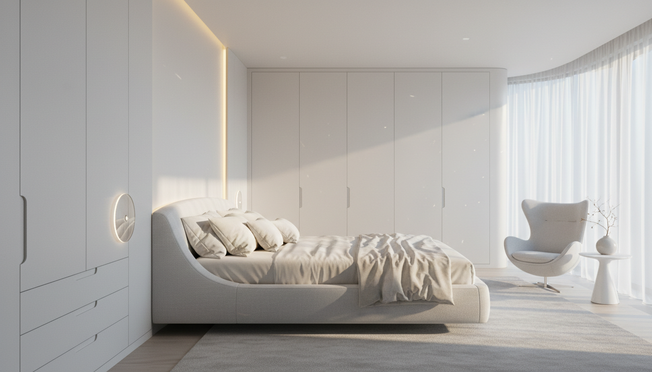 Futuristic bedroom with curved bed, flush storage and ambient lighting