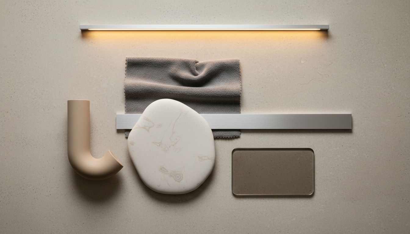 Futuristic interior materials including matte stone, brushed aluminum and warm LED lighting