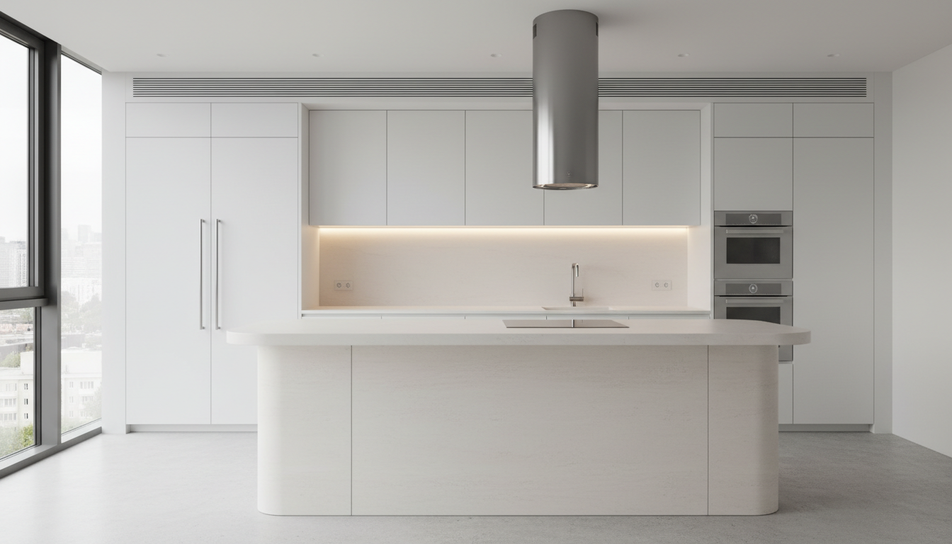 Futuristic kitchen with seamless cabinets and softly curved island