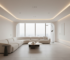 Futuristic living room with sculptural white sofa, curved walls and soft integrated LED lighting