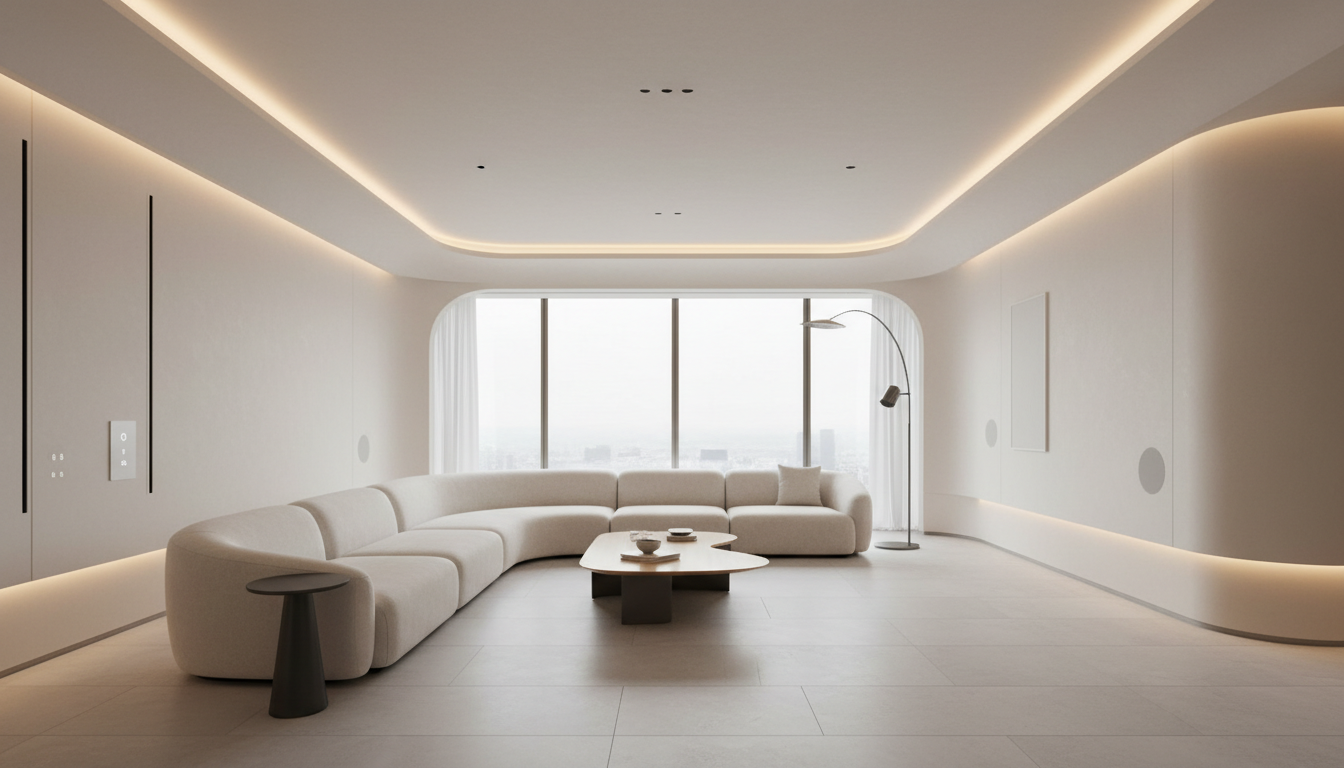 Futuristic living room with sculptural white sofa, curved walls and soft integrated LED lighting