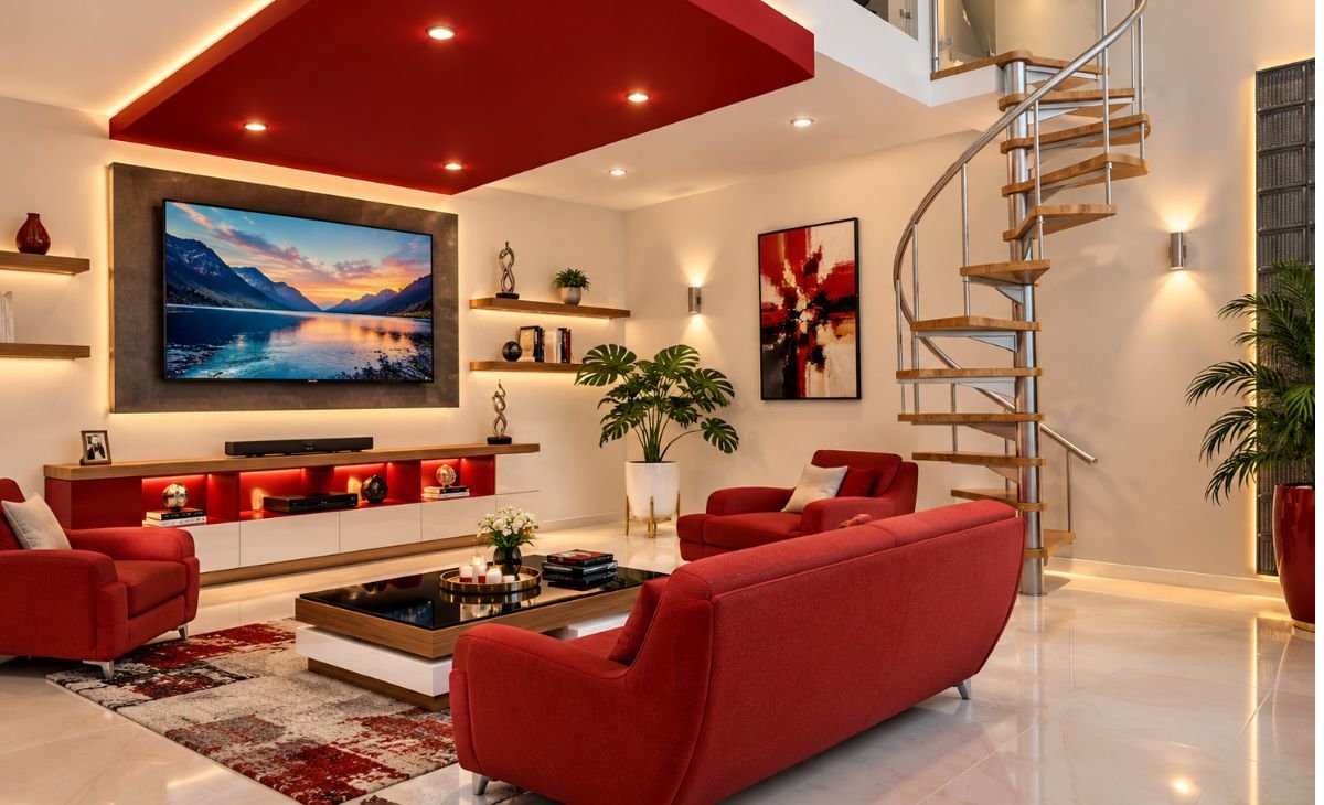 A stylish modern living room featuring red upholstered sofas, a bold red ceiling design with recessed lights, a wall-mounted television, decorative shelves, indoor plants, and a contemporary spiral staircase.