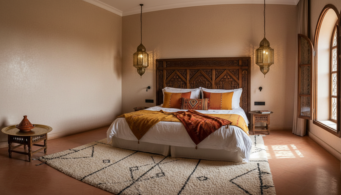 Moroccan-inspired bedroom with carved wood headboard, ivory bedding and warm woven textiles