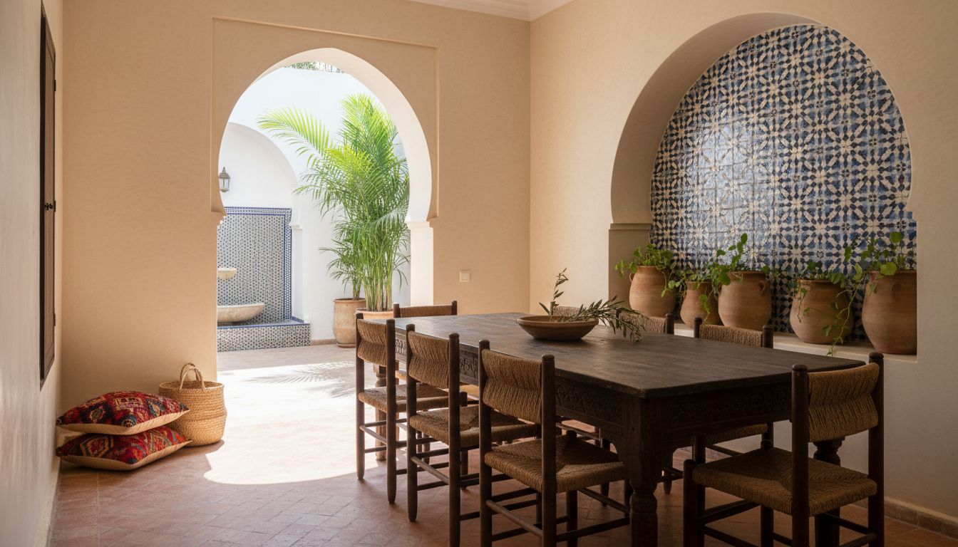 Moroccan-inspired dining room with blue ceramic tile, wood table and courtyard arch