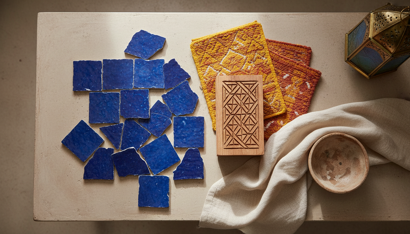 Handmade Moroccan blue zellige tiles, carved cedar, woven fabrics and hammered brass samples