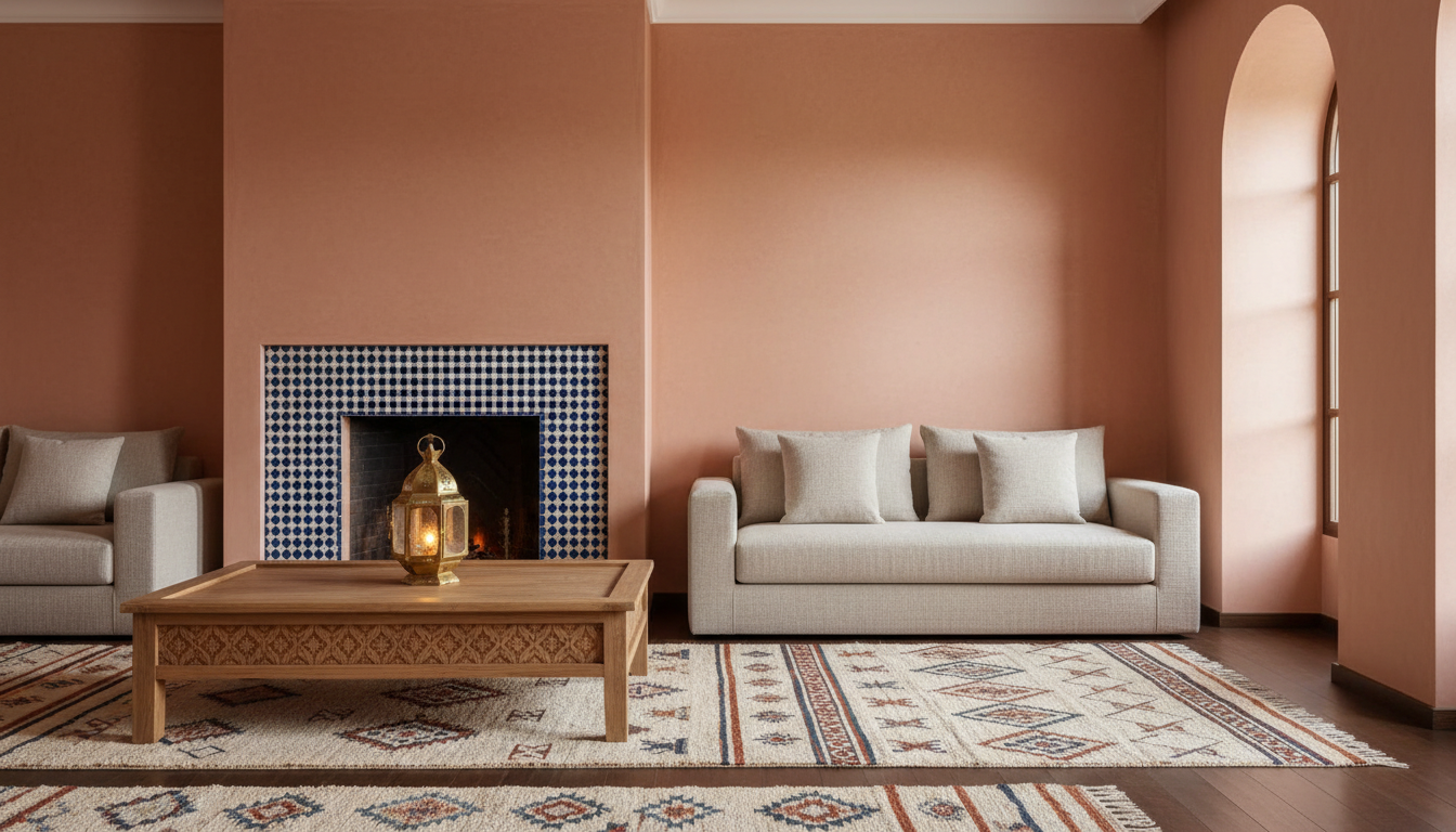 Moroccan-inspired living room with terracotta walls, blue zellige tiles, carved wood table and patterned rug