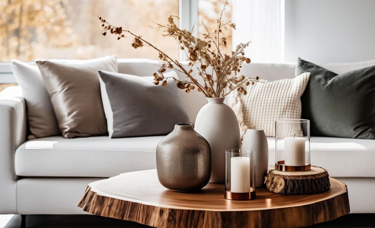 A cozy living room decoration arrangement featuring wooden boards, ivory pillar candles, glass votives, and flowering branches in a vase