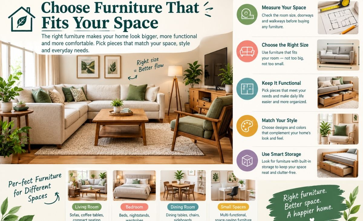 A modern interior design infographic showcasing practical furniture selection tips for different spaces. It features a stylish living room with a beige sofa, wooden furniture, green accents, and indoor plants. The guide highlights measuring your room, choosing appropriately sized furniture, prioritizing functionality, matching your decor style, and using smart storage solutions.
