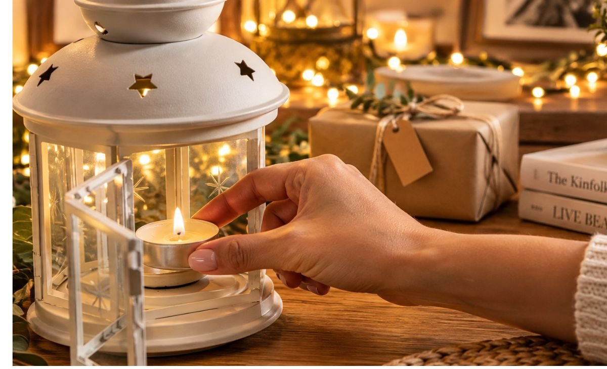 A cozy home decor scene featuring a white lantern with star-shaped cutouts, a glowing tealight candle, warm fairy lights, fresh greenery, and a kraft-paper gift on a wooden tabletop. The soft golden lighting creates an inviting atmosphere, making this setup ideal for traditional home decor, seasonal styling, and cozy interior design inspiration.
