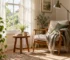 Inviting reading corner using window daylight, sheer curtain and switched-off adjustable task lamp, repaired oak chair with linen cushion