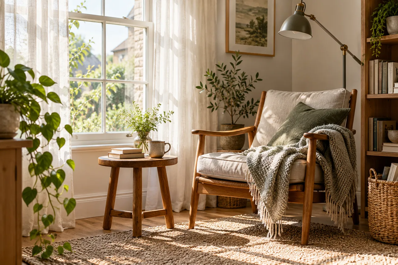 Inviting reading corner using window daylight, sheer curtain and switched-off adjustable task lamp, repaired oak chair with linen cushion